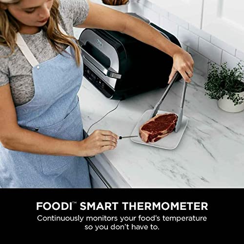 Ninja FG551 Foodi Smart XL 6-in-1 Indoor Grill with 4-Quart Air Fryer Roast Bake Dehydrate Broil and Leave-in Thermometer, with Extra Large Capacity, and a stainless steel Finish (Renewed)