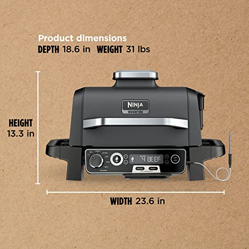 Ninja OG751BRN Woodfire Pro Outdoor Grill & Smoker with Built-In Thermometer, 7-in-1 Master Grill, BBQ Smoker, Air Fryer, Bake, Roast, Dehydrate, Broil, Ninja Woodfire Pellets, Portable,Electric, Grey