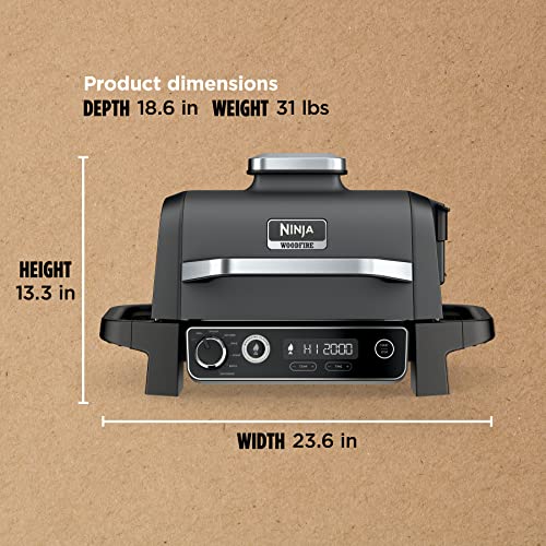 Ninja OG751BRN Woodfire Pro Outdoor Grill & Smoker with Built-In Thermometer, 7-in-1 Master Grill, BBQ Smoker, Air Fryer, Bake, Roast, Dehydrate, Broil, Ninja Woodfire Pellets, Portable,Electric, Grey